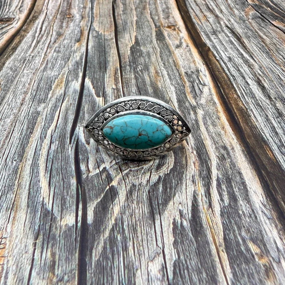 Boho Turquoise Oval Statement Ring Silver Tone Filigree Adjustable Vintage Gift